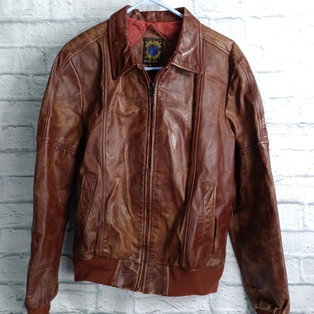 Worldwide Sportswear Vintage Leather Bomber Jacket Brown Distressed Mens 42L